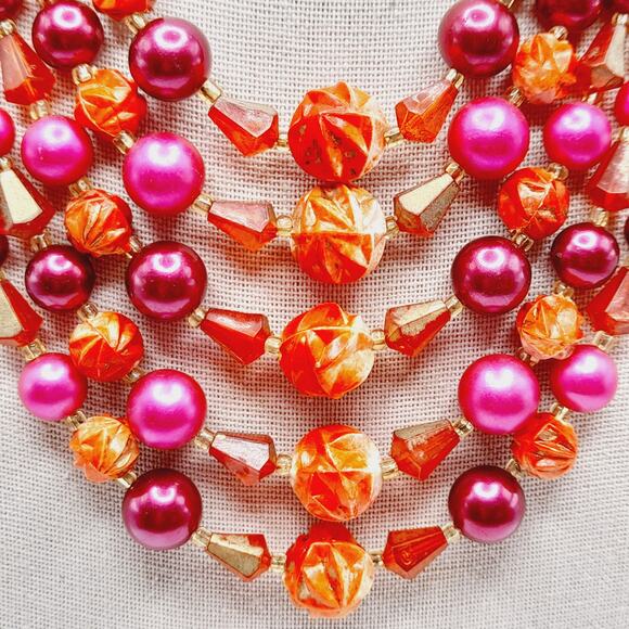 Vintage Japan 1950s 5 Strand Red Pink Beaded Necklace 17” Signed Hook - Picture 2 of 12